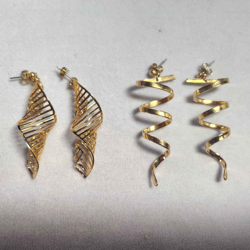 Gold Wave and Spiral Earrings Set